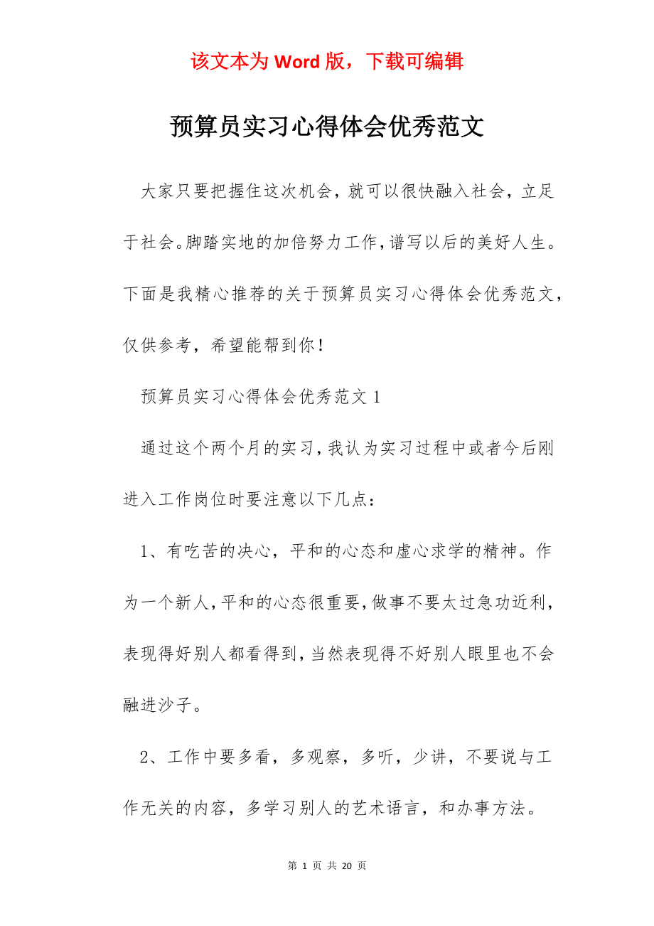 预算员实习心得体会优秀范文.docx_第1页