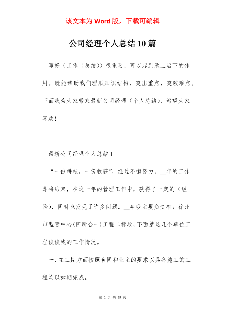 公司经理个人总结10篇.docx_第1页