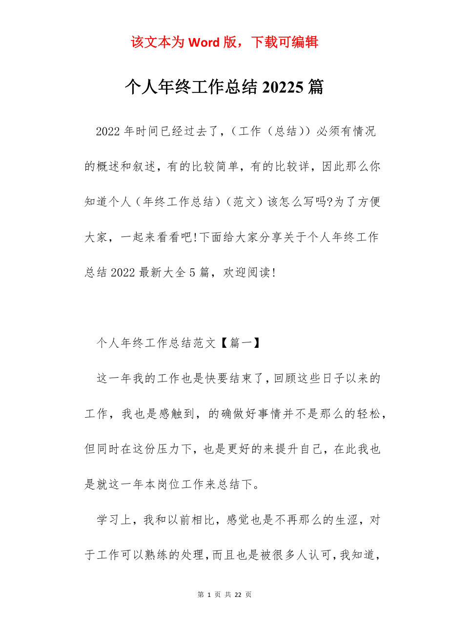 个人年终工作总结20225篇.docx_第1页