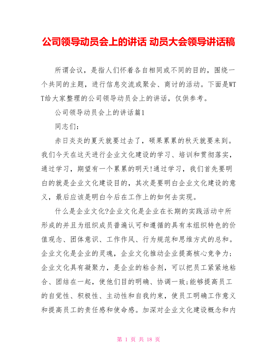 公司领导动员会上的讲话 动员大会领导讲话稿.doc_第1页