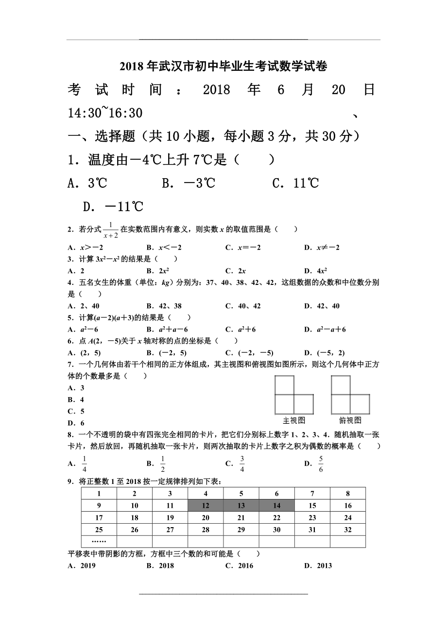 ,武汉市初中毕业生,考试数学试卷无答案.doc_第1页