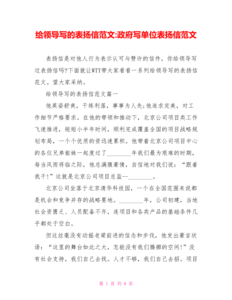 给领导写的表扬信范文政府写单位表扬信范文.doc_第1页