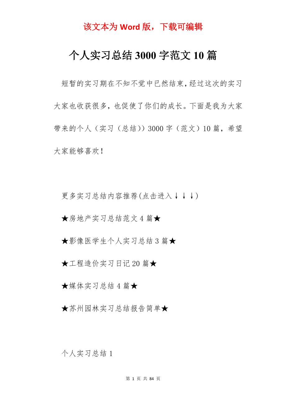 个人实习总结3000字范文10篇.docx_第1页