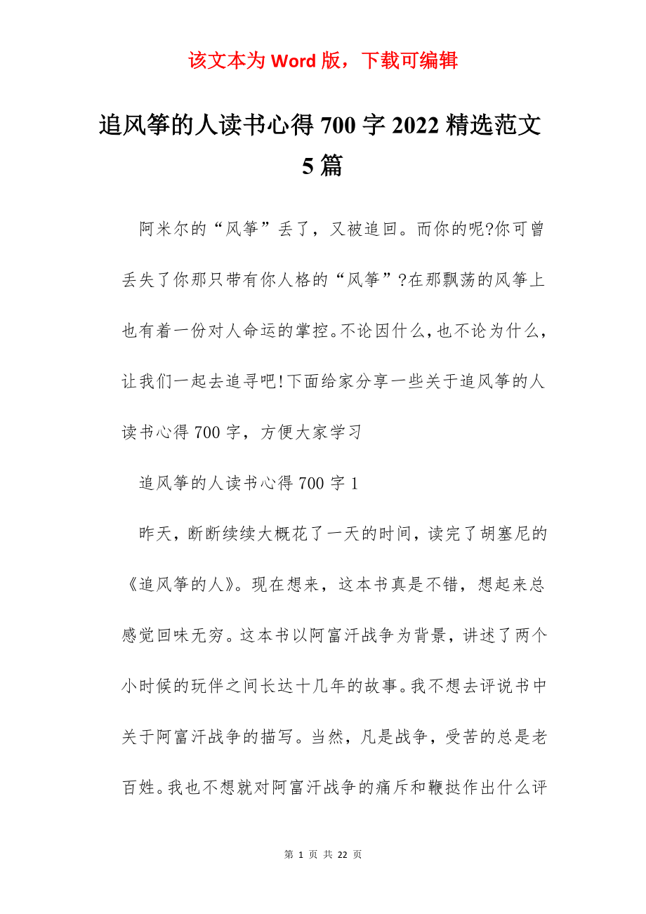 追风筝的人读书心得700字2022精选范文5篇.docx_第1页