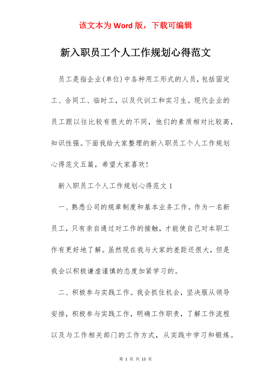 新入职员工个人工作规划心得范文.docx_第1页