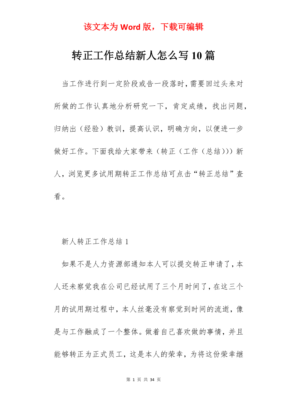 转正工作总结新人怎么写10篇.docx_第1页