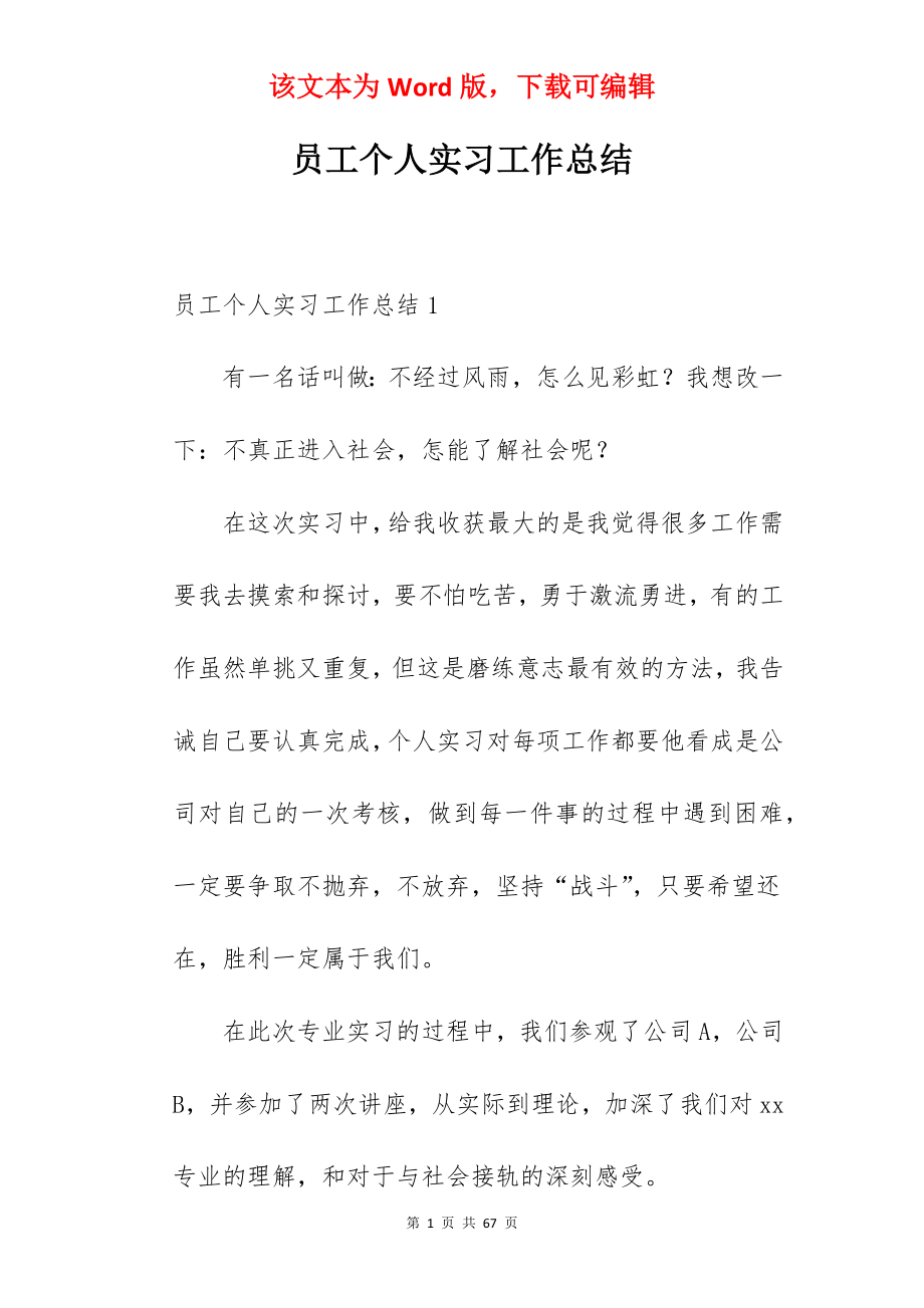 员工个人实习工作总结.docx_第1页