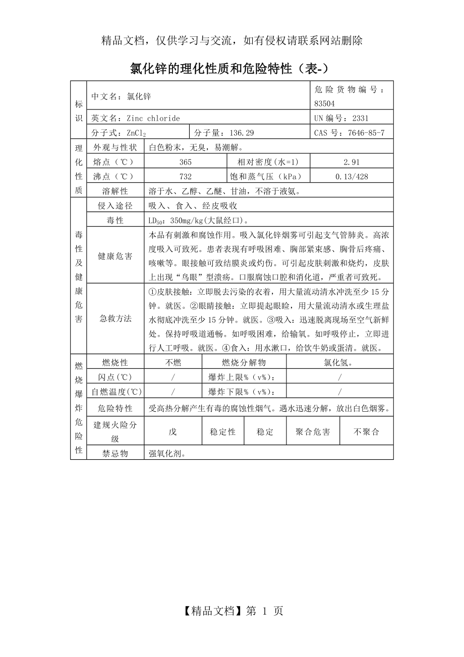 氯化锌的理化性质和危险特性(表-).doc_第1页