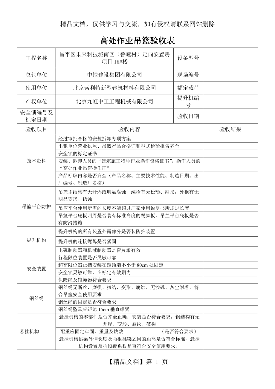 最新的电动吊篮检查验收记录表.doc_第1页