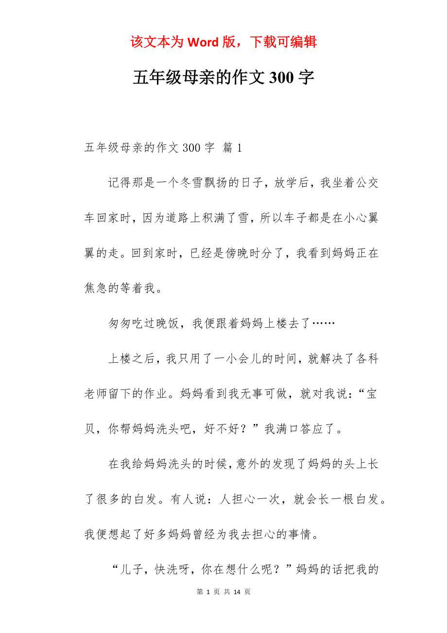 五年级母亲的作文300字.docx_第1页