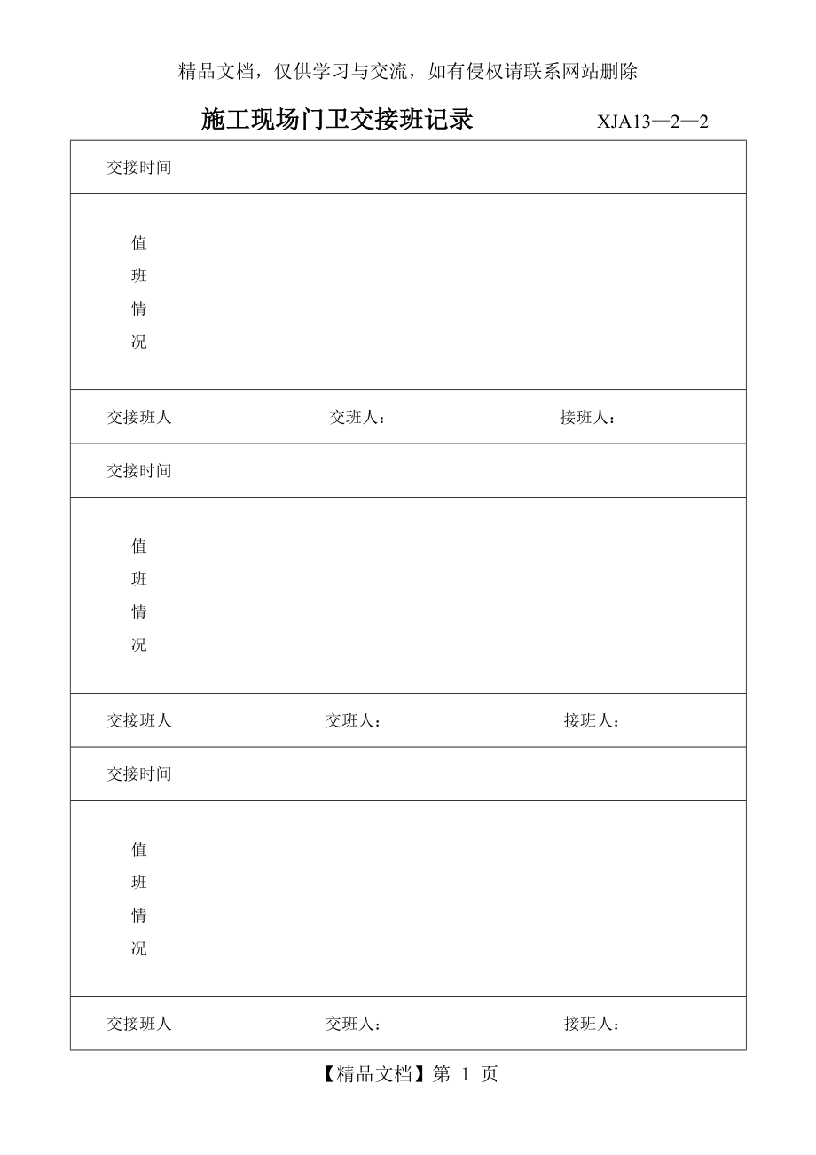 施工现场门卫交接班记录表格.doc_第1页
