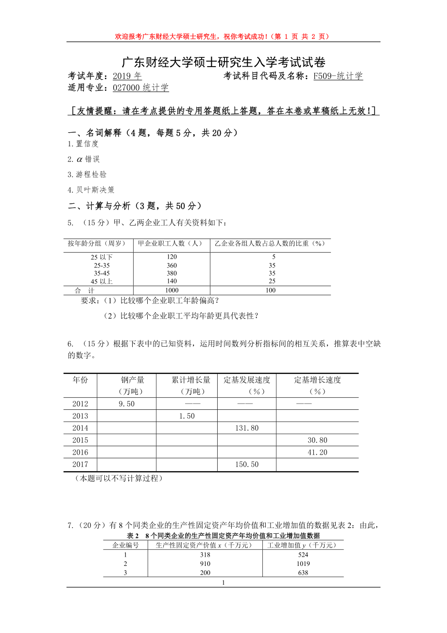 2019年广东财经大学考研专业课试题F509统计学.doc_第1页