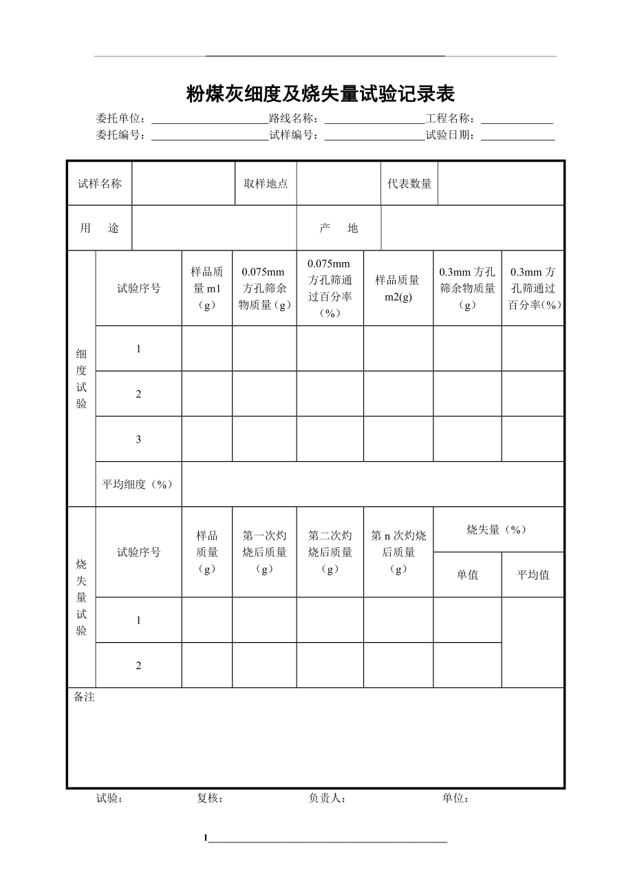 粉煤灰细度及烧失量试验记录表.doc_第1页