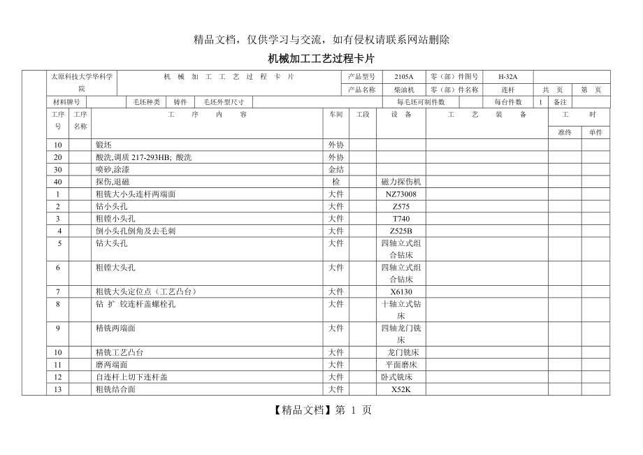 柴油机连杆零件机械加工工艺过程卡片及工序卡(第一部分).doc_第1页