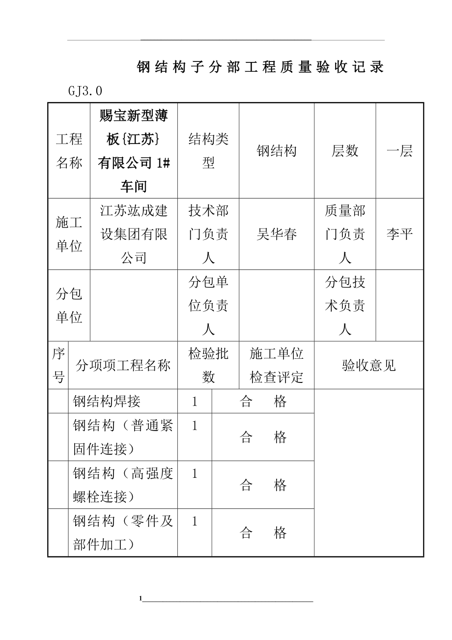 钢结构子分部工程质量验收记录---------GJ3.doc_第1页