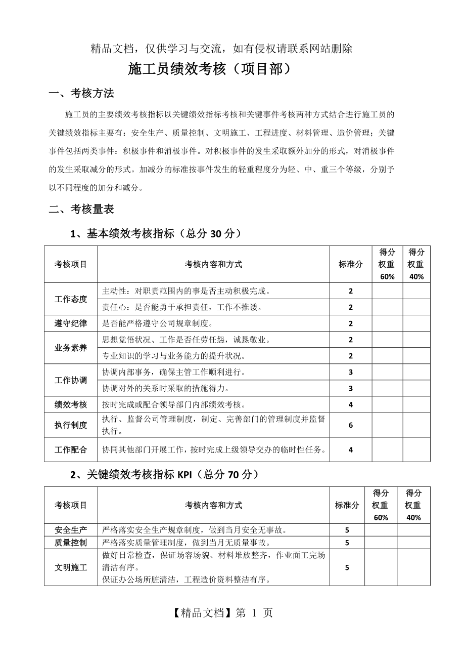 施工员绩效考核(项目部).doc_第1页