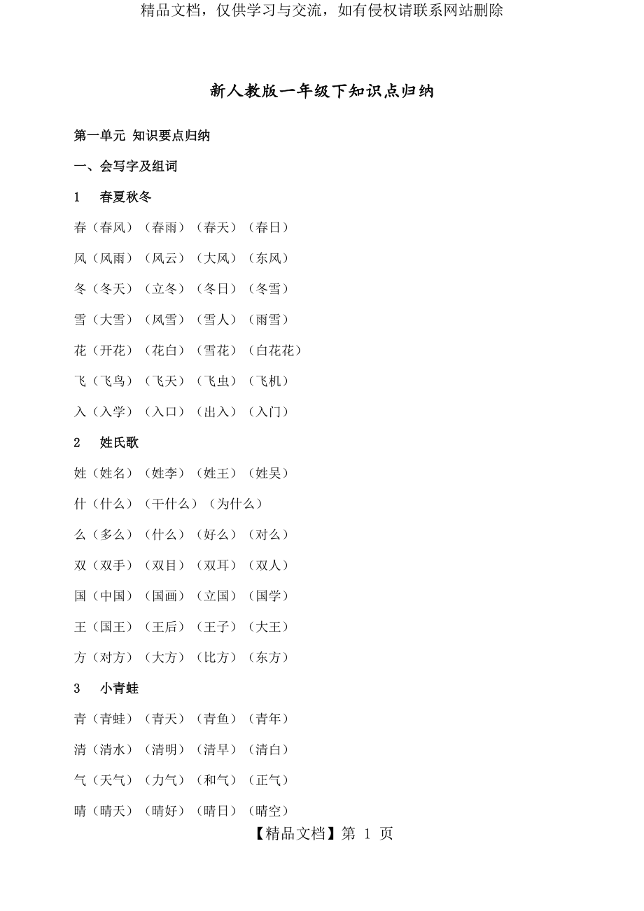 最新部编版小学一年级语文下册知识点归纳.docx_第1页