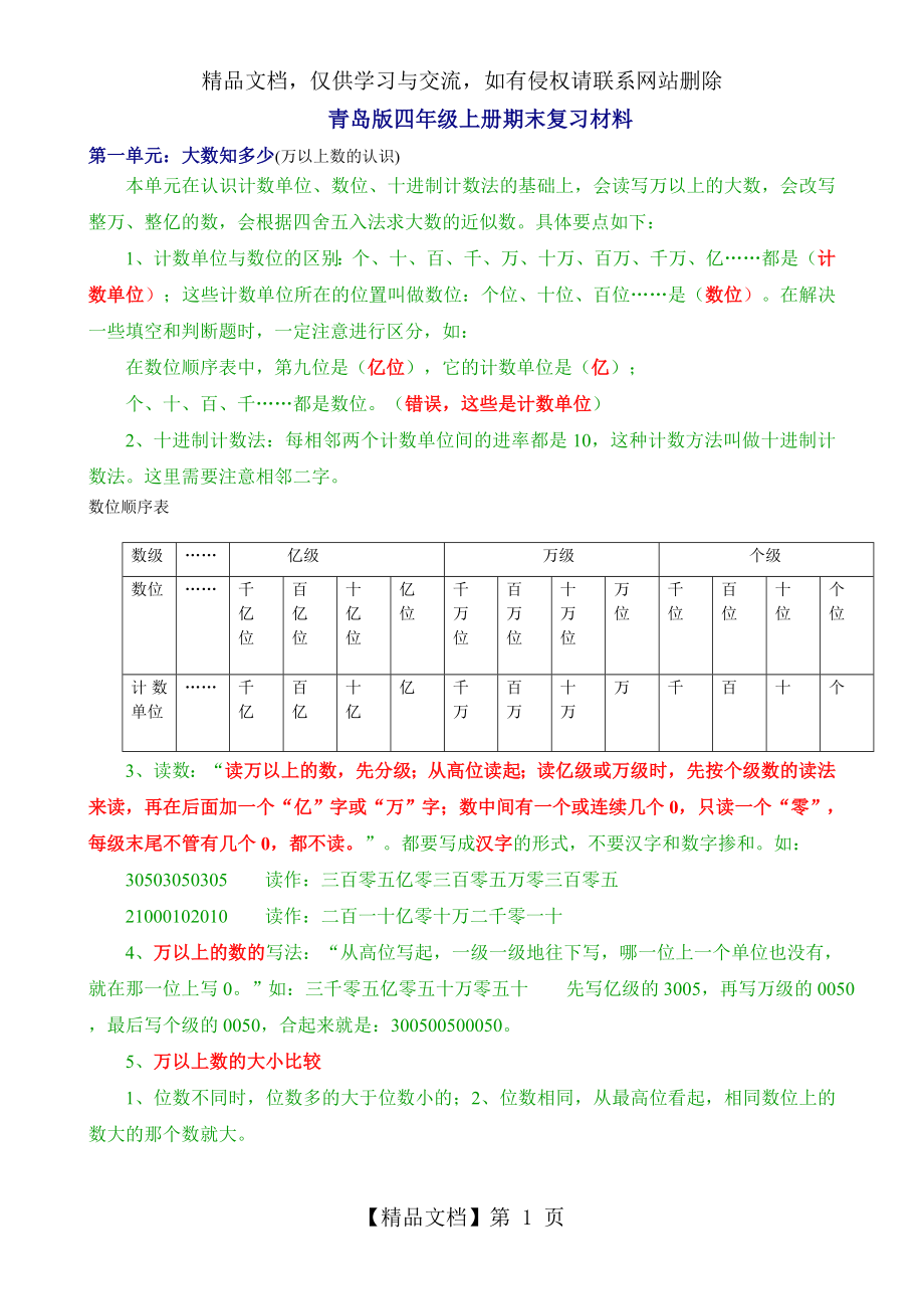 新青岛版四年级数学上册全册知识点归纳材料.doc_第1页