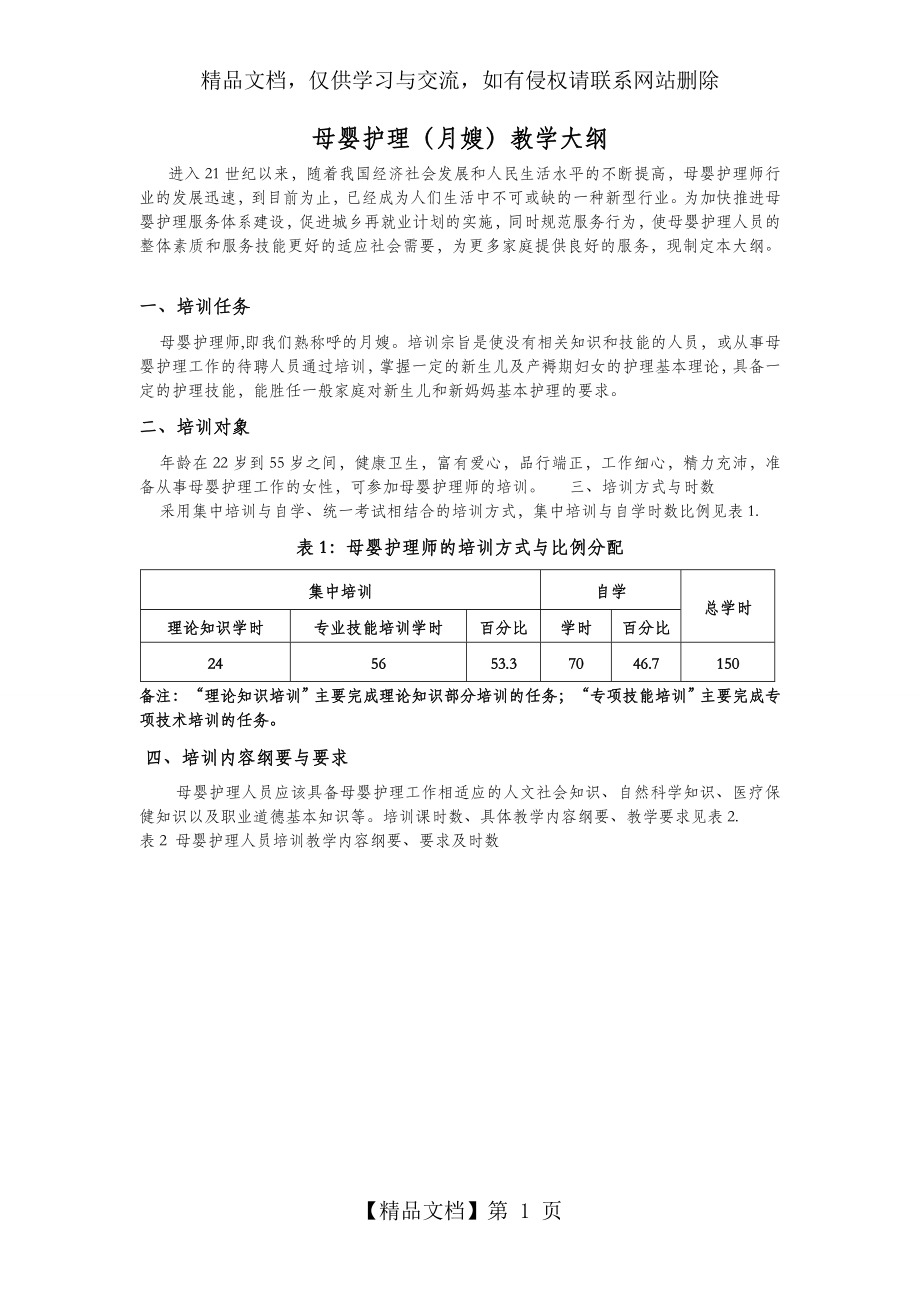 母婴护理(月嫂)教学大纲.doc_第1页