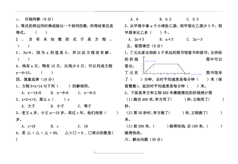 苏教版五年级(下)第1-2《方程、折线统计图》单元检测卷.doc_第2页