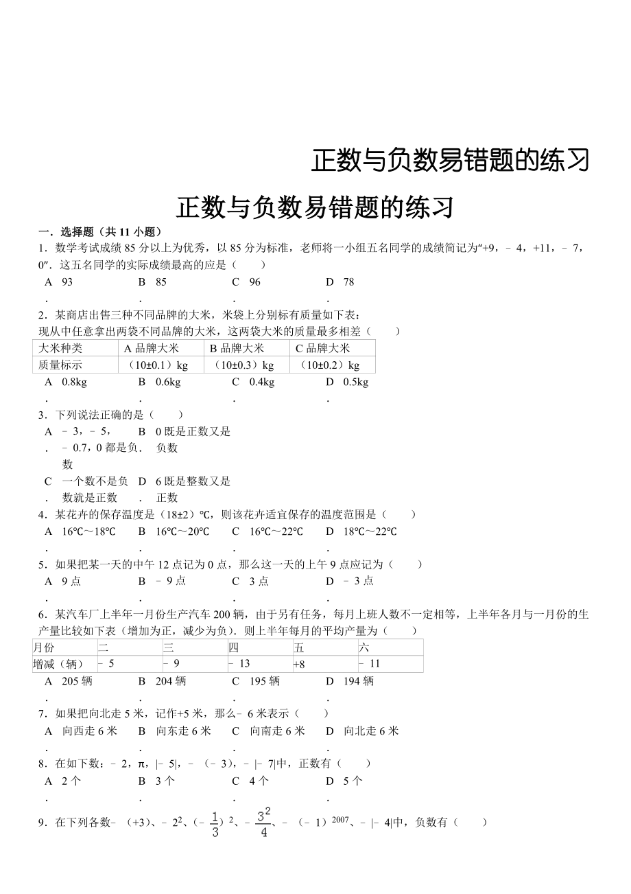 正数与负数易错题的练习.doc_第1页