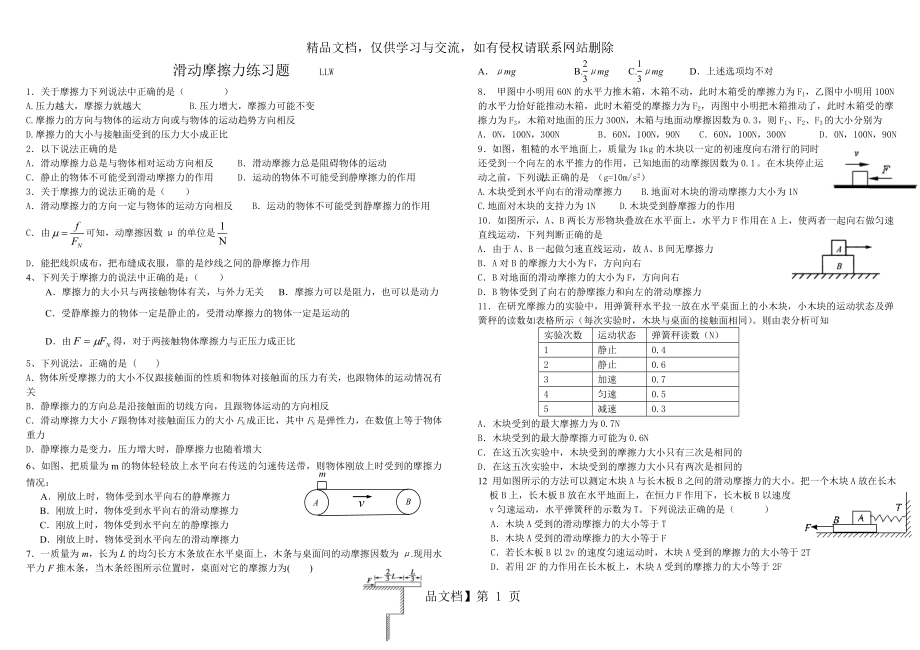 滑动摩擦力练习题.doc_第1页