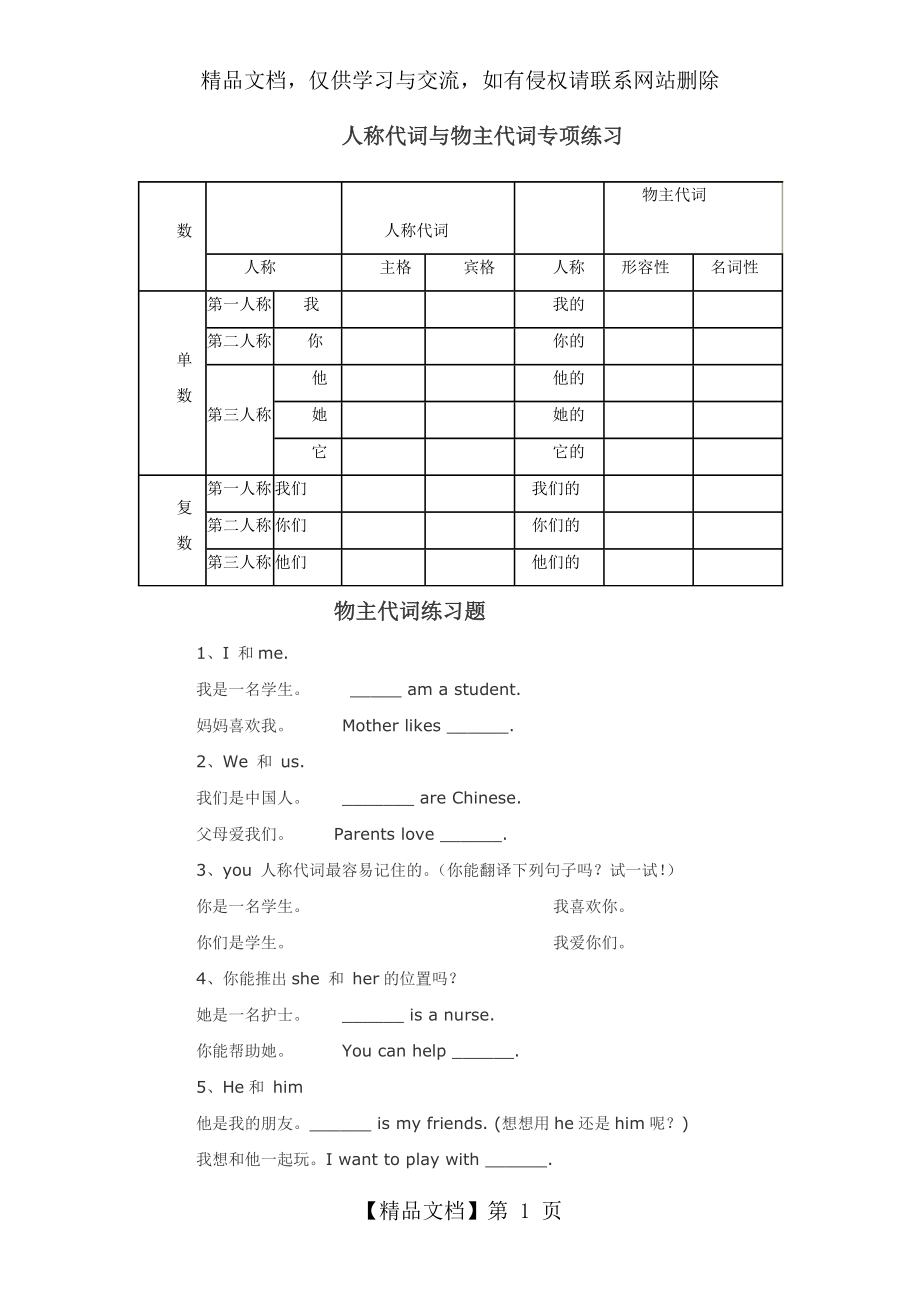 新人教版五年级英语下册第五单元人称代词专项训练.doc_第1页