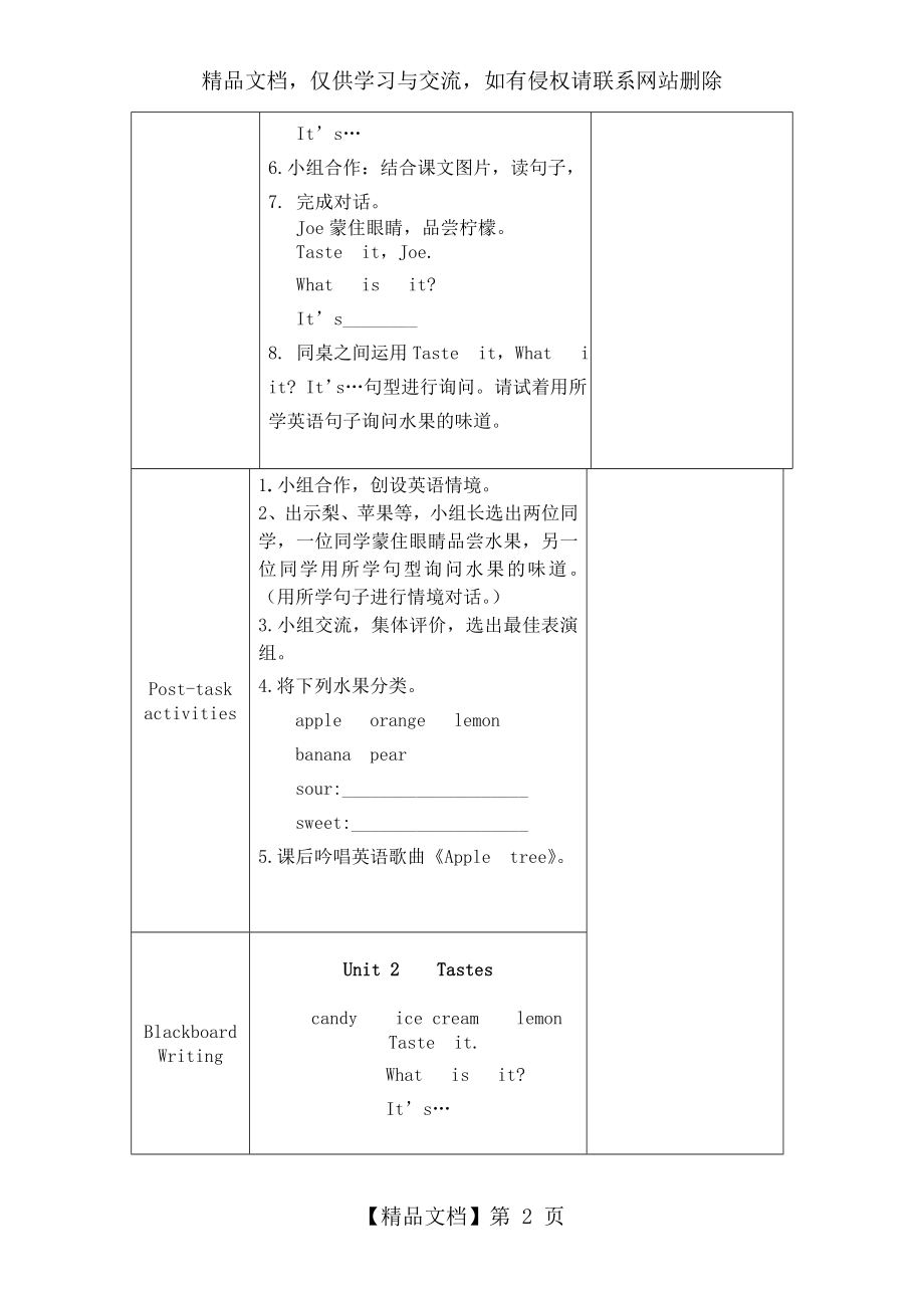 牛津小学英语三年级下册-Unit2-tastes电子教案.doc_第2页