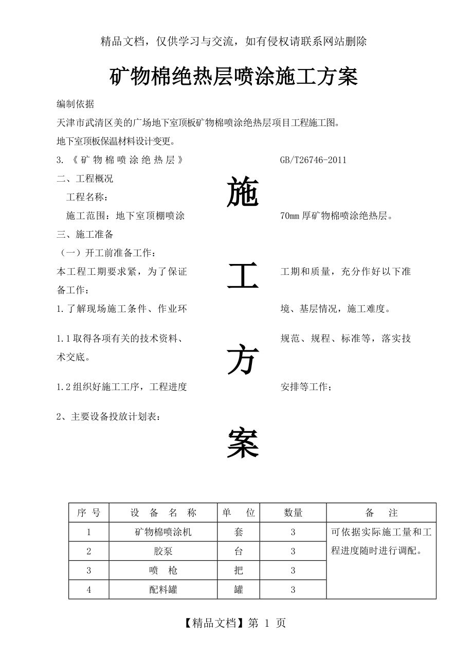 矿物棉绝热层喷涂施工方案.docx_第1页