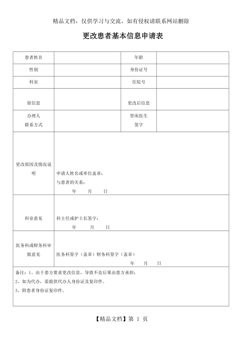 更改患者基本信息申请表(某些医院信息修改是医务科的权限就不需要信息科做表)cl.docx_第1页