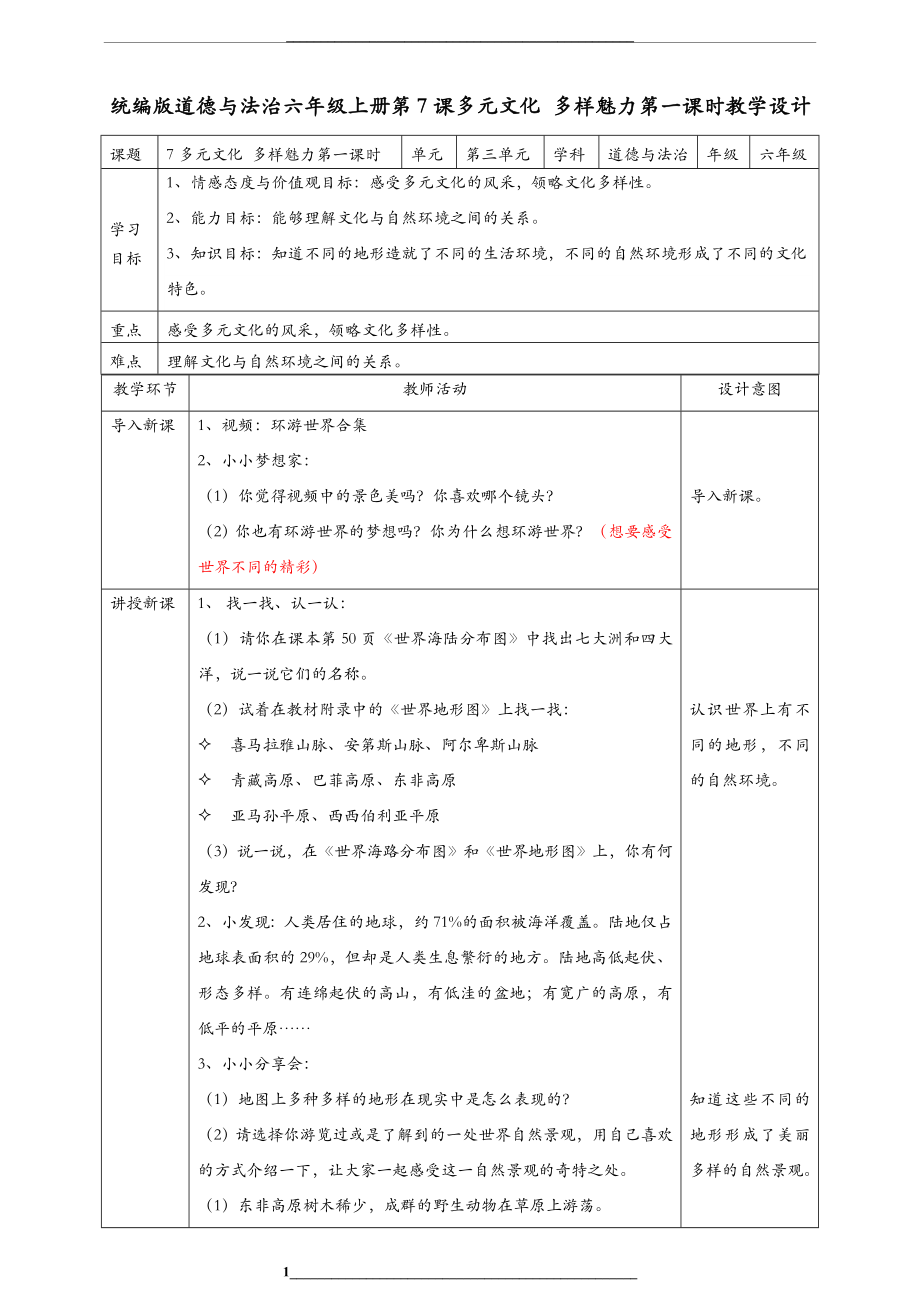 部编人教版六年级下册道德与法治-第7课-多元文化-多样魅力-教案(教学设计).doc_第1页