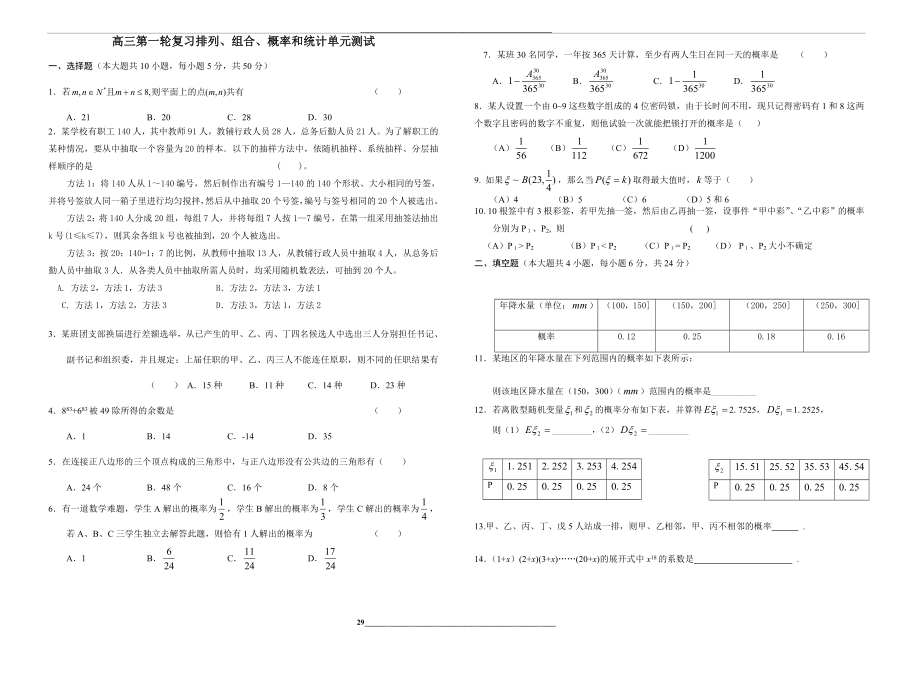 高三第一轮复习排列、组合、概率和统计单元测试.doc_第1页