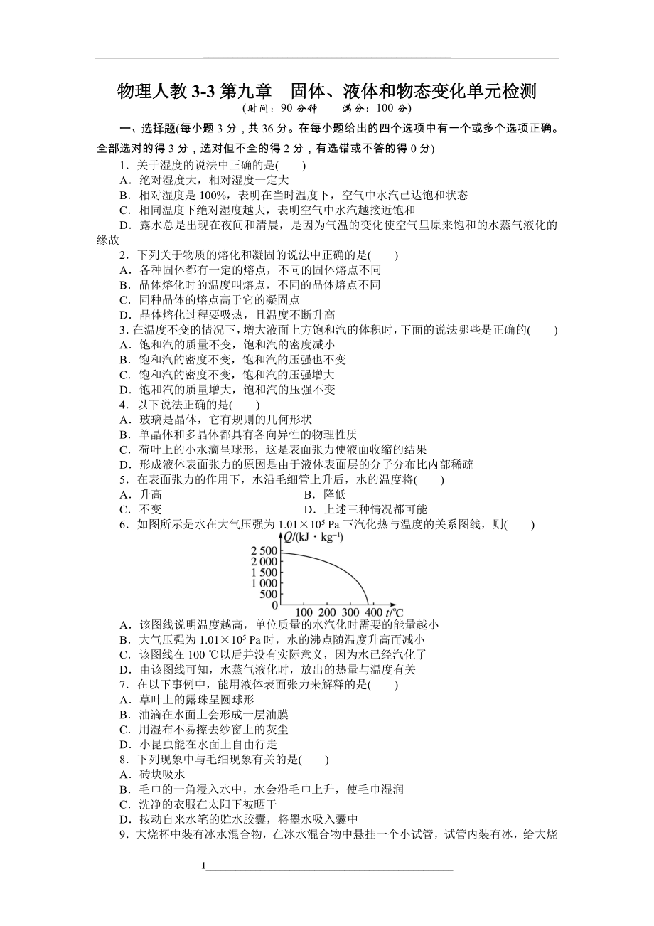 高中物理人教选修3-3单元检测：第九章-固体、液体和物态变化(含答案)[-高考].doc_第1页