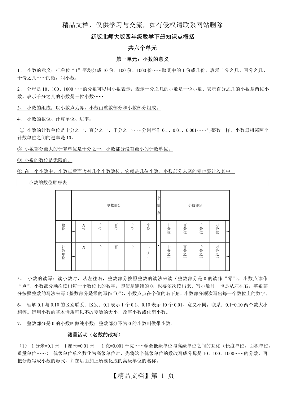 新版北师大版四年级数学下册知识点概括.doc_第1页