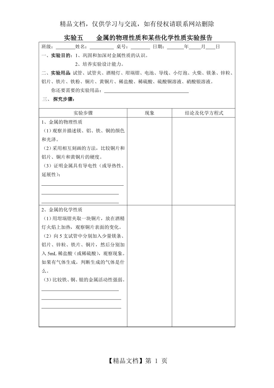 金属的物理性质和某些化学性质实验报告单.doc_第1页