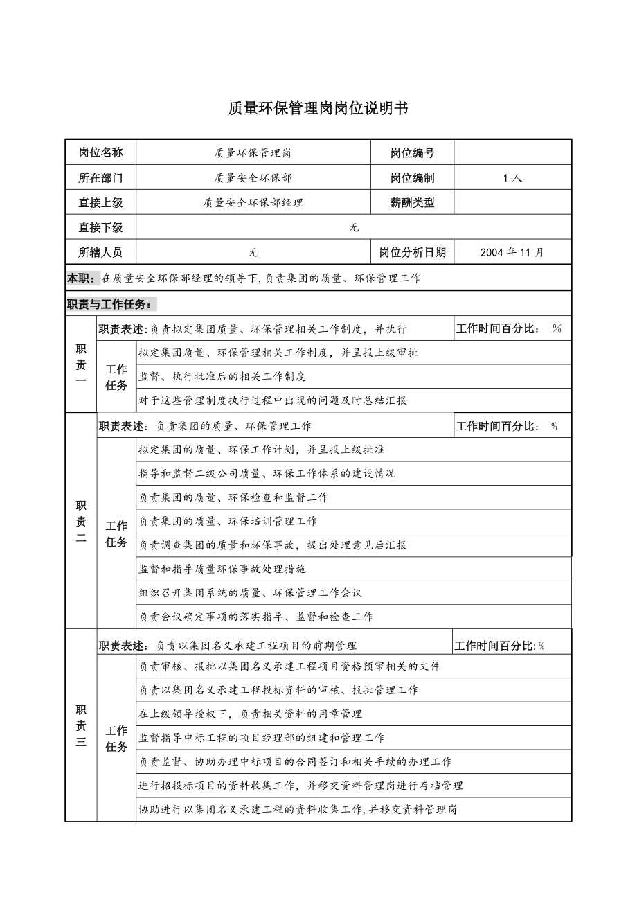 质量环保管理岗岗位说明书.docx_第1页