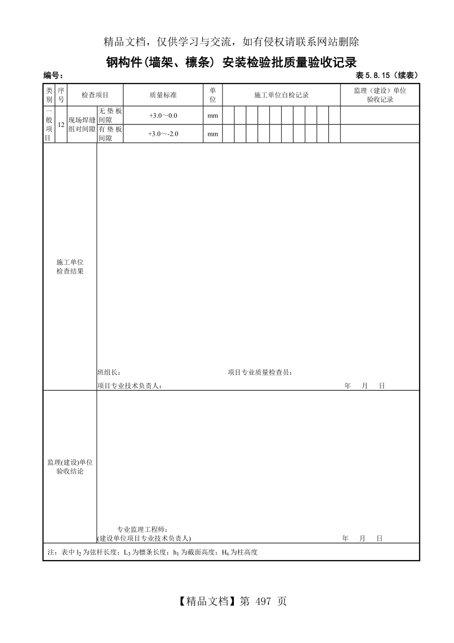 钢构件(墙架、檩条)-安装检验批质量验收记录.doc_第2页