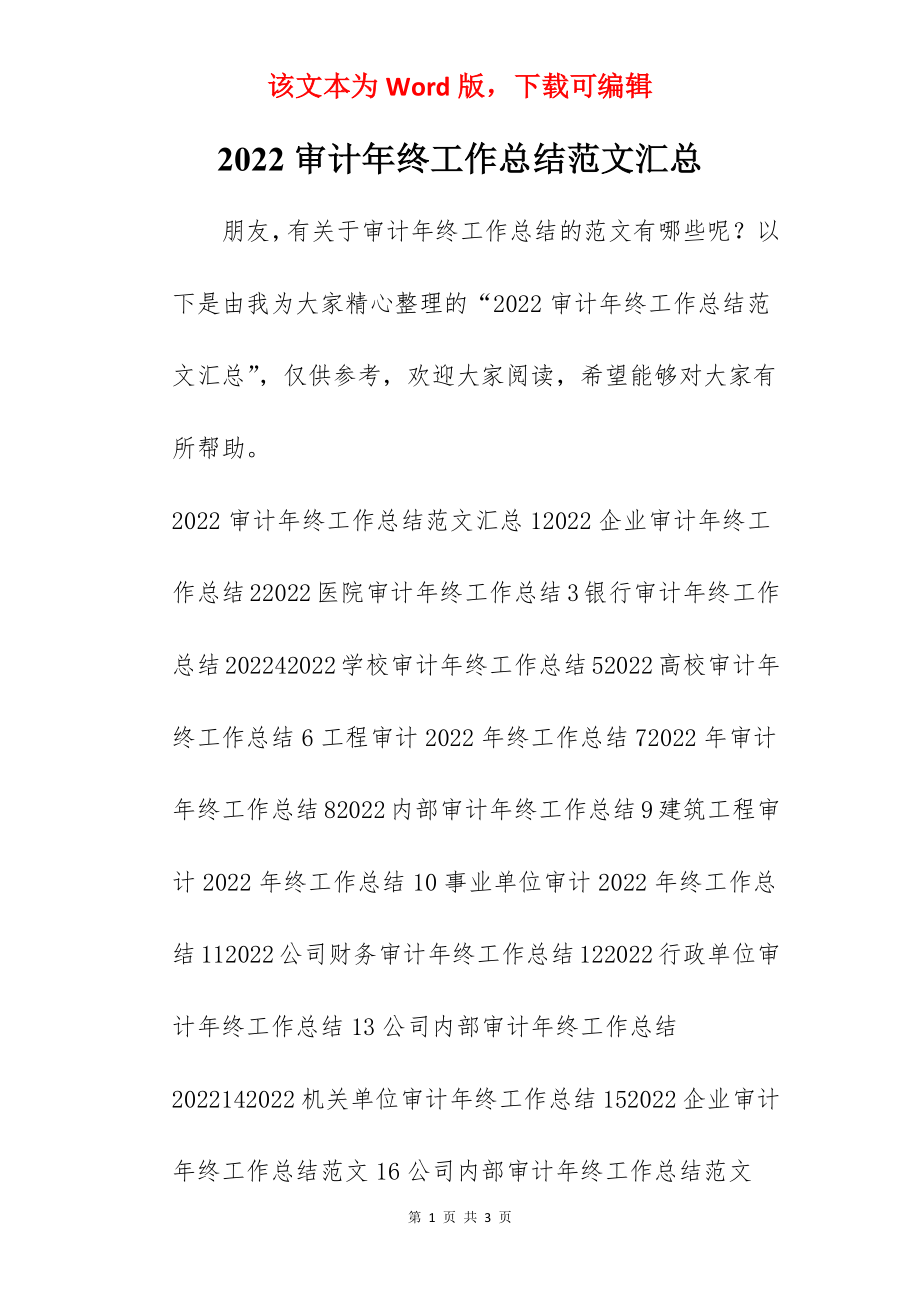 2022审计年终工作总结范文汇总.docx_第1页