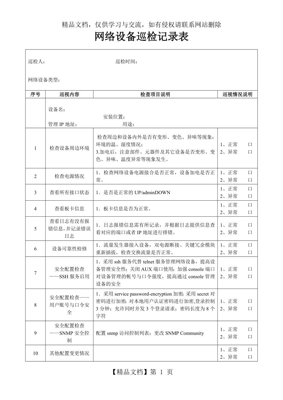 网络设备巡检记录.doc_第1页