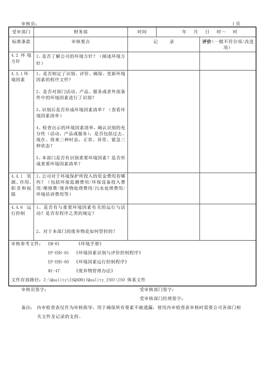 财务部内审检查表.doc_第1页