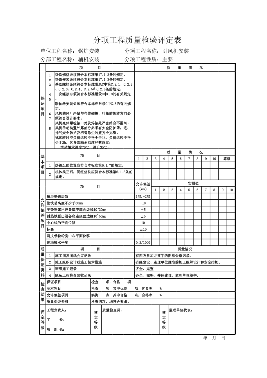 《煤矿安装工程质量检验评定标准》mt501095锅炉分部之辅机安装.xls_第1页