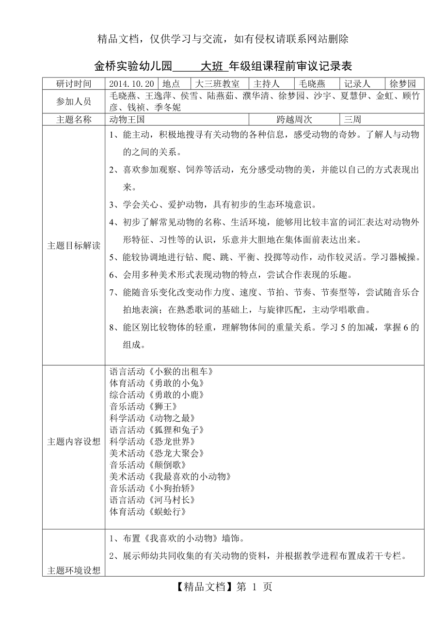 第四主题“动物王国”课程审议记录表.doc_第1页