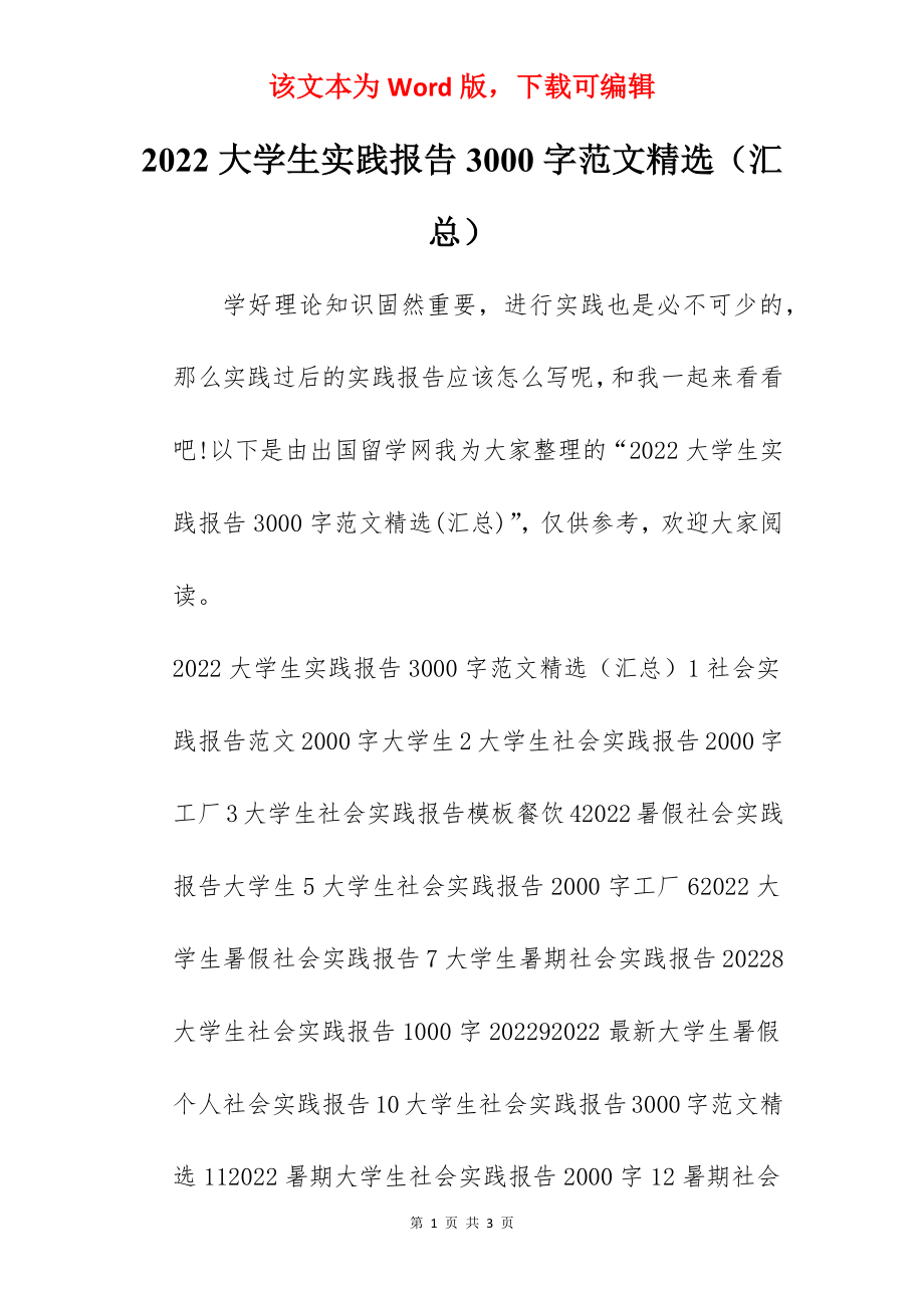 2022大学生实践报告3000字范文精选（汇总）.docx_第1页