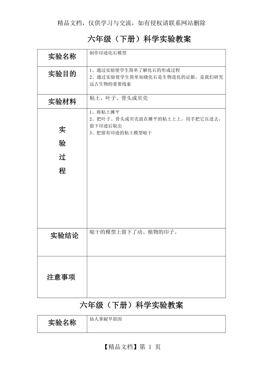 苏教版六年级下册科学实验教案.doc_第1页