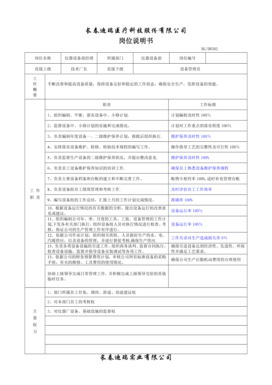 设备管理部经理岗位说明书.doc_第1页