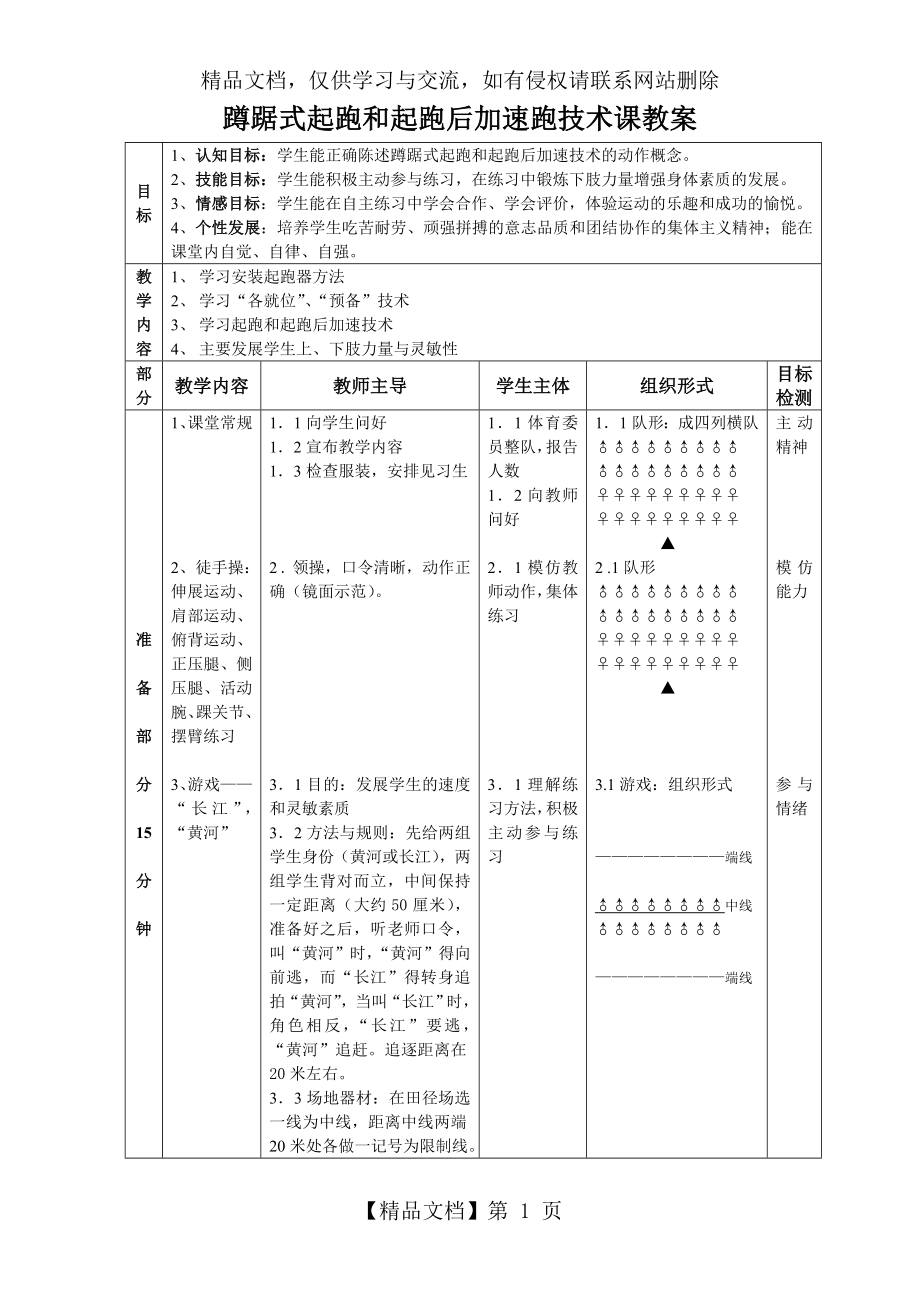 蹲踞式起跑和起跑后加速跑技术课教案.doc_第1页