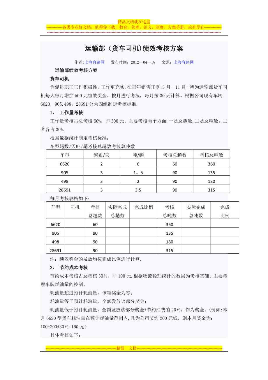 运输部(货车司机)绩效考核方案.docx_第1页