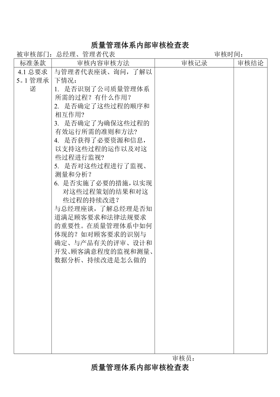 质量管理体系内部审核检查表(总经理、管理者代表).doc_第1页