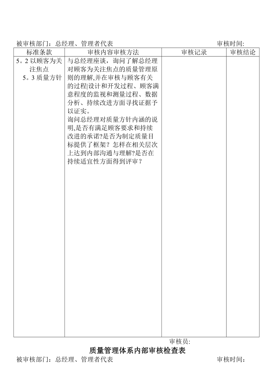 质量管理体系内部审核检查表(总经理、管理者代表).doc_第2页