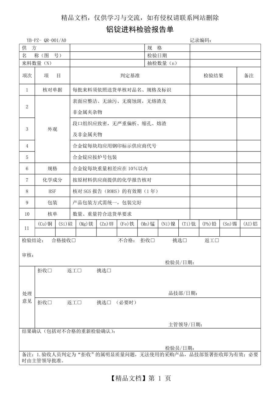 铝锭进料检验报告单.doc_第1页